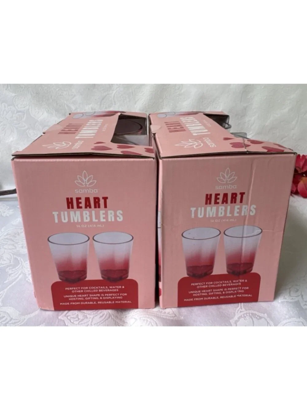 Nordstrom Samba Pink Plastic 14 oz Boxed Heart Shaped Tumbler Cups Set of 4 NEW